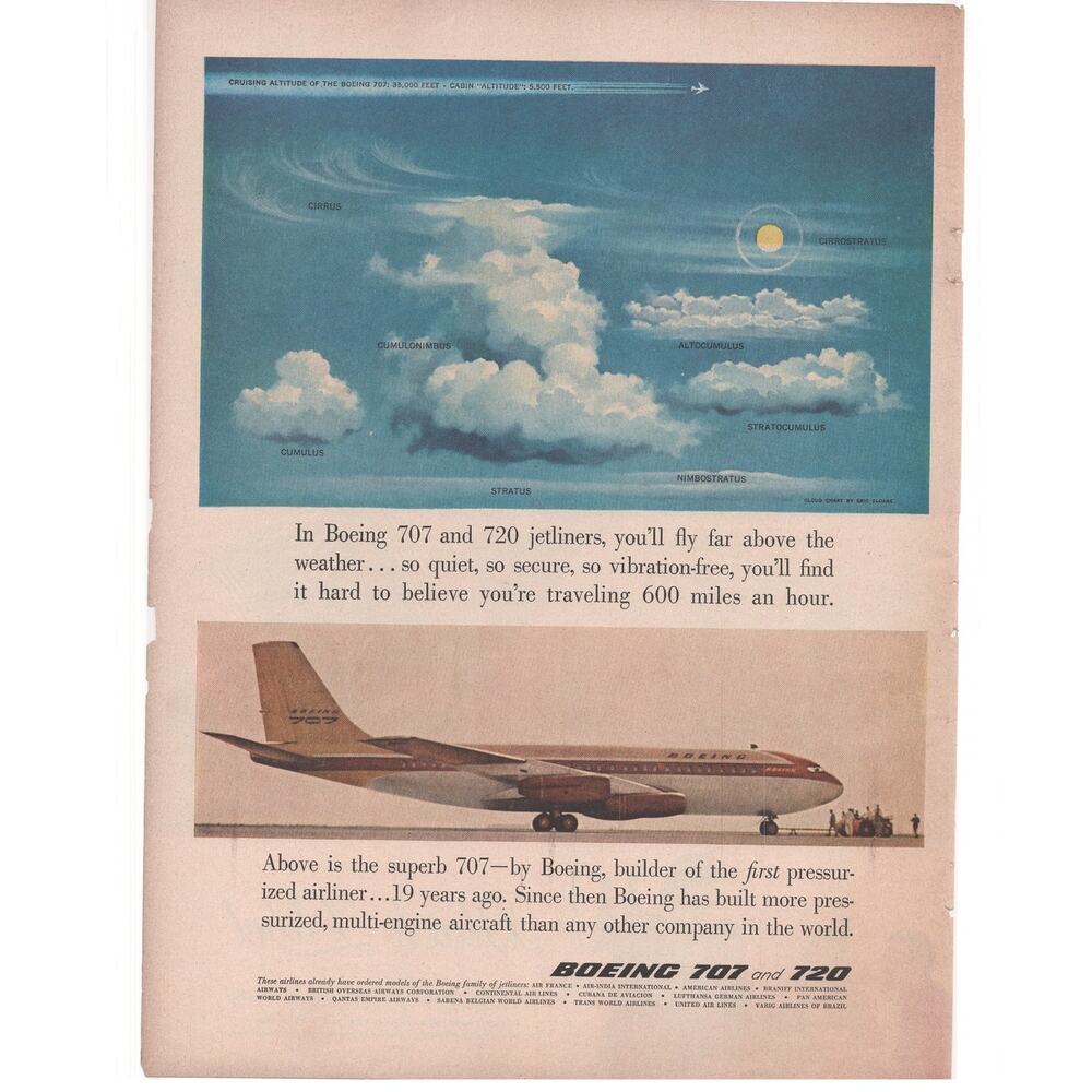 Boeing Airplane Magazine Advertisement 1950s Vintage 707 720 Airliner Clouds